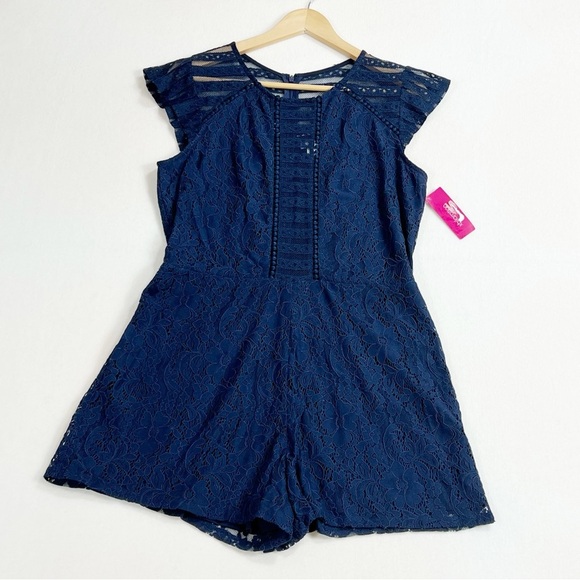 Xhilaration Lace short sleeve Romper navy blue size Large - Picture 14 of 15